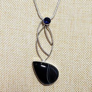 Banded agate blue topaz gemstone large pendant 925 silver long necklace